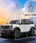 Off-road vehicle lifted by chains demonstrating Beefy 30kN Figure 8 Descender made from 7075 Aluminum for heavy-duty use