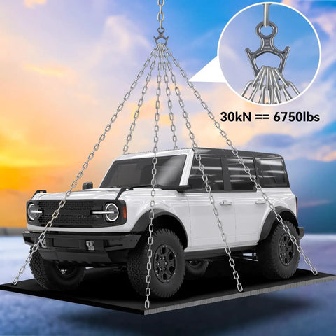 Off-road vehicle lifted by chains demonstrating Beefy 30kN Figure 8 Descender made from 7075 Aluminum for heavy-duty use
