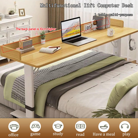 Straight Up Durable Height Adjustable Overbed Table With Easy Glide Locking Casters Mobile Laptop Desk For Bedroom Or Sofa Heavy Duty Wood Roll Around Study Space Built Tough with laptop on wooden surface.
