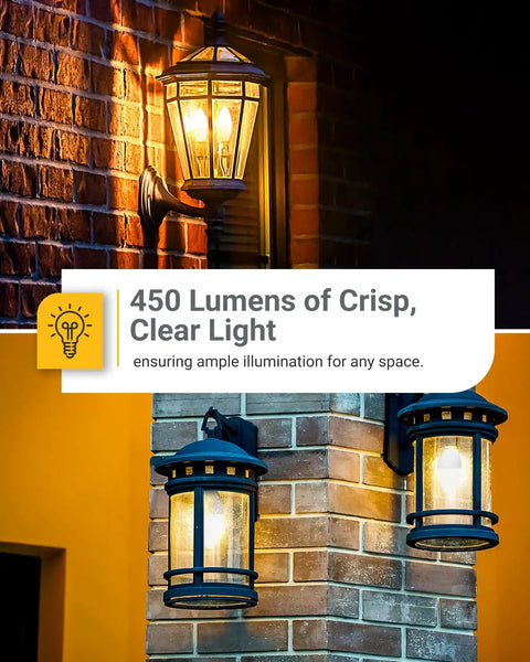 Two outdoor sconces illuminated by Dusk To Dawn Outdoor LED B11 Candelabra Bulb With Photocell Sensor, 450 lumens light.