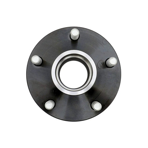 Trailer Hub Kit With 5 Bolt On 4.5 Inch Bolt Circle For 2200 Lb Axles And 1-1/16 Inch Straight Spindles Easy Install Durable Outer Races And 1 Year Warranty, showing top view of black metal hub with bolts