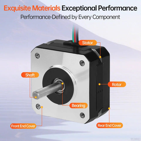 Front view of a NEMA 17 stepper motor with black body and silver end plate; exposed shaft.