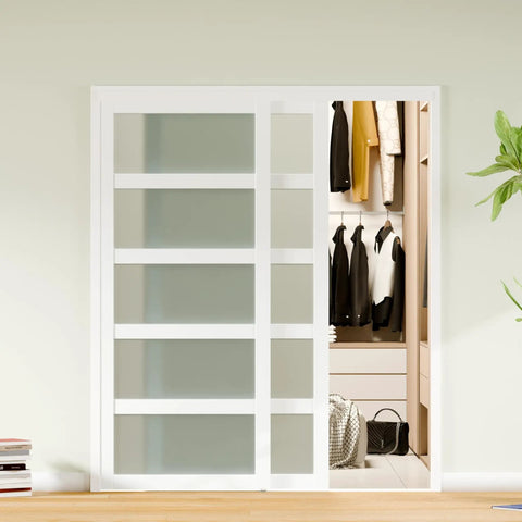 96 Inch Double Sliding Closet Doors With 5 Lite Frosted Glass Pantry Panels in a bedroom setting, showing closet interior.