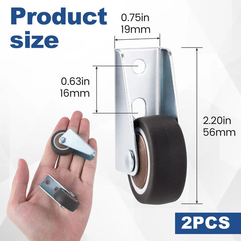 Low Profile Side Mount Caster Wheels Kit, 2 Brown Rolling Casters With 4 Screws, size details and hand comparison