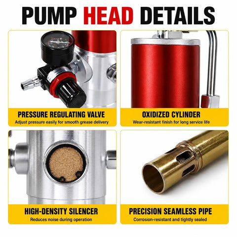 Pump head details of Beefed Up Heavy Duty Fifty To One Air Operated Grease Pump With Sixteen Foot Hose highlighted.