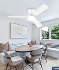Low Profile 42 Inch Ceiling Fan With Light And Remote Reversible Motor 3 CCT Dimmable LED Quiet Noiseless Operation White Flush Mount in dining area