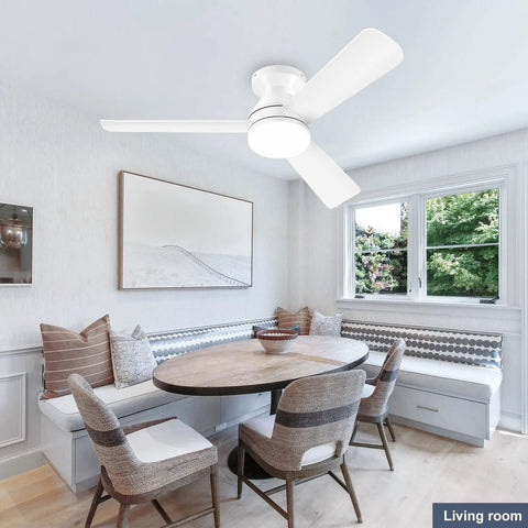 Low Profile 42 Inch Ceiling Fan With Light And Remote Reversible Motor 3 CCT Dimmable LED Quiet Noiseless Operation White Flush Mount in dining area