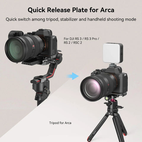 Baseplate For Sony A7 V A7R V A7 IV with Quick Release Plate on stabilizer, transitioning to tripod with light attachment