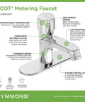 SLS 7000 DP4 Scot Metering Lavatory Faucet With Four Inch Deck Plate In Polished Chrome Low Flow 0.5 GPM With Adjustable Timing And Vandal Resistant Brass Construction, polished chrome with features highlighted