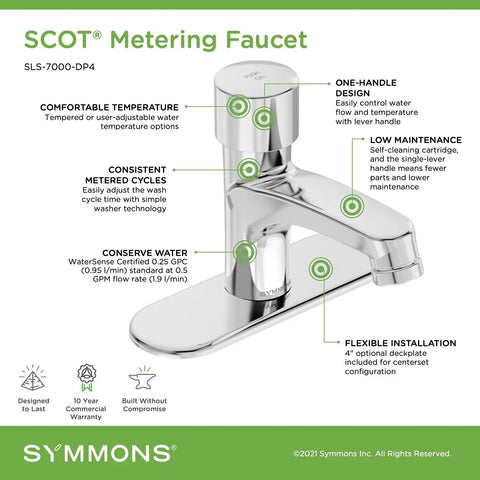 SLS 7000 DP4 Scot Metering Lavatory Faucet With Four Inch Deck Plate In Polished Chrome Low Flow 0.5 GPM With Adjustable Timing And Vandal Resistant Brass Construction, polished chrome with features highlighted