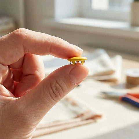 200 Pieces 9.5mm Alloy Snap Button Kit For Fabric Sewing Colorful Fasteners For Clothing Hats And DIY Crafts Easy Install Durable Rust Resistant Alloy Snaps Great For Upcycling Garments And DIY Projects - close-up of yellow snap held in hand
