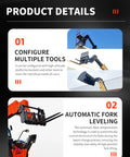 Heavy Duty 4Wd Telehandler Forklift Rig With Swappable Forks Heavy Bucket And Crane Jib For Ag And Construction Jobs Made Easy showing configuration options and automatic fork leveling.