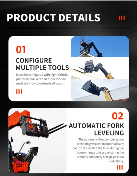 Heavy Duty 4Wd Telehandler Forklift Rig With Swappable Forks Heavy Bucket And Crane Jib For Ag And Construction Jobs Made Easy showing configuration options and automatic fork leveling.