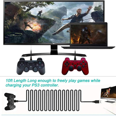 Two Pack 10 Foot PS3 Controller Charger Cable connected to DualShock 3 remotes showing gaming setup with long cable layout