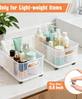 Plastic storage boxes on 0.5 Inch Mini Low Profile Caster Wheels With Self Adhesive Steel Plate Quiet Rubber Rolling Wheels For Small Kitchen Appliances Drawer Or Storage Box Tiny DIY Projects Brown 4 Pcs Set, filled with cosmetics on a countertop.