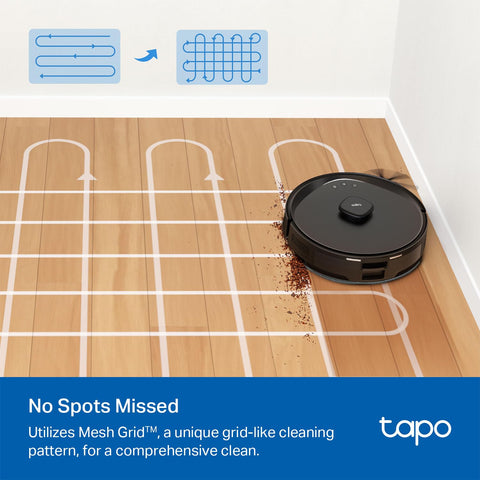 Smart LiDAR Robot Vacuum And Mop With Self Emptying Dock Crazy 5300Pa Suction 97 Percent Dust Pickup Custom Clean Modes Auto Charge Works With Alexa And Google Home RV30 Max Plus cleaning hardwood floor with grid pattern