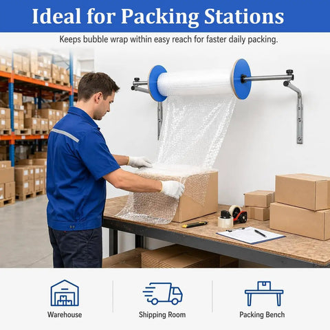 Hella Smooth Wall Mount Bubble Wrap Dispenser Stand With Easy Glide Roll Grip For Packing Crews Who Want Fast Access And Zero Shelf Clutter In Any Solid Shipping Room, in use at packing station.