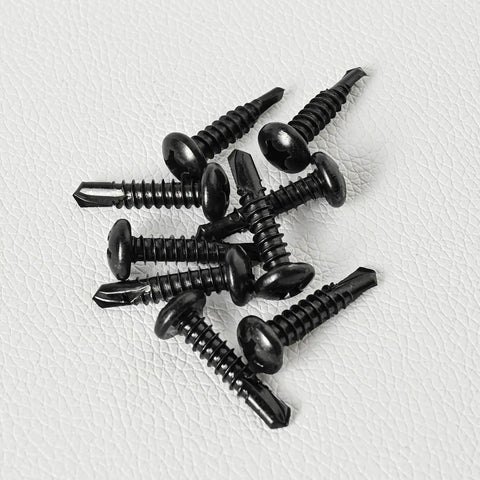 Heavy Duty Number 12 X 1 Inch Pan Head Sheet Metal Screws Phillips Drive Self Tapping Wood Screws Black Oxide 50 Pack arranged neatly.