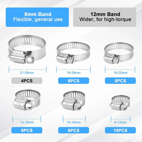 Dude, grab this killer 40 piece stainless steel hose clamp kit covering 1/4 inch to 1-1/2 inch sizes perfect for fixing your fuel line, plumbing jobs, garden hose, or any tube work without worrying about rust or corrosion ever again. 8mm and 12mm band hose clamps, 6 sizes