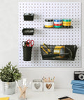 All In One Pegboard Organizer Kit With 3 Racks 3 Baskets 8 Bins 4 Cups 8 Hooks 4 Loops And Cup Holder for home wall storage.