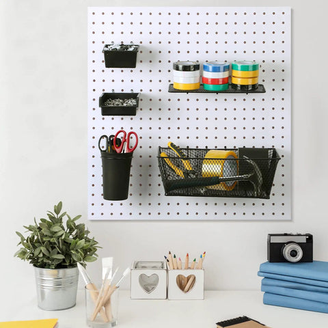 All In One Pegboard Organizer Kit With 3 Racks 3 Baskets 8 Bins 4 Cups 8 Hooks 4 Loops And Cup Holder for home wall storage.