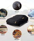 Heavy Duty All Weather Tough As Nails Sedan Car Cover Waterproof Anti UV Windproof Outdoor Full Car Cover shown outdoors