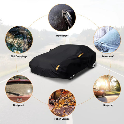 Heavy Duty All Weather Tough As Nails Sedan Car Cover Waterproof Anti UV Windproof Outdoor Full Car Cover shown outdoors
