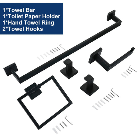 Matte Black 5 Piece Bathroom Hardware Set With 24 Inch Square Towel Racks, SUS304 Stainless Steel Towel Bar Set components
