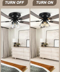 52 Inch Flush Mount Farmhouse Ceiling Fan With Remote And Reversible Wood Blades in ON and OFF settings for bedroom decor.