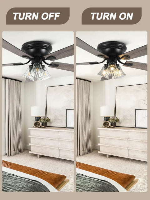 52 Inch Flush Mount Farmhouse Ceiling Fan With Remote And Reversible Wood Blades in ON and OFF settings for bedroom decor.