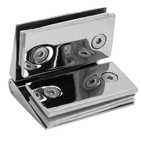 Heavy Duty 304 Stainless Steel Beveled Double Sided Shower Door Hinge with installation kit, showing polished finish and screws.
