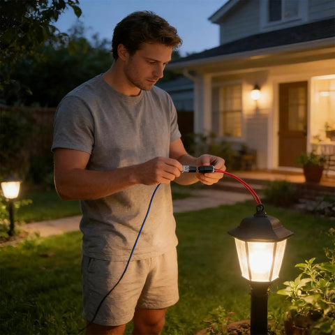 Man using Double Wire Plug In Connectors With Locking Buckle No Wire Stripping Required Quick Connect Two Pin Electrical Splice outside home