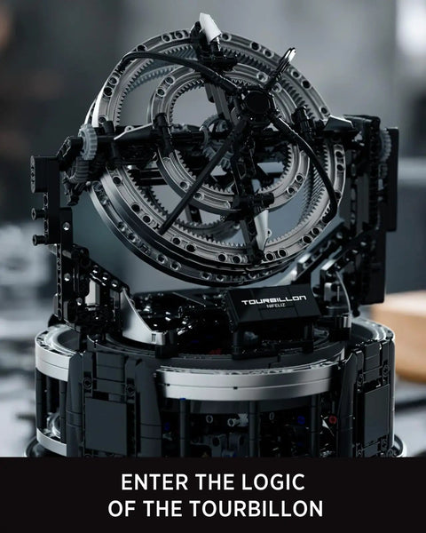 Close-up of Tourbillon Engineering Building Set for Adults showcasing advanced hand crank mechanical model with gears for home or office.