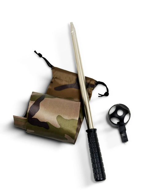 Compact Golf Ball Retriever 9 Foot Telescoping Stainless Steel Pole With Carry Bag, camo bag, and black grip handle.