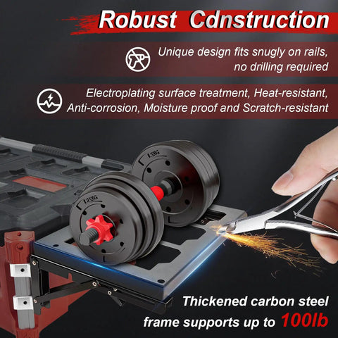 Foldable Tool Tray With Expandable Work Surface For Module Storage Systems, Sturdy Carbon Steel Frame, Rust Resistant Construction