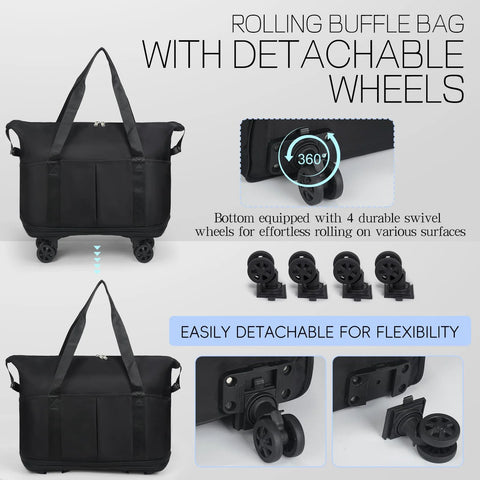 VOOWO black rolling duffel bag with four detachable wheels; expandable carry-on luggage