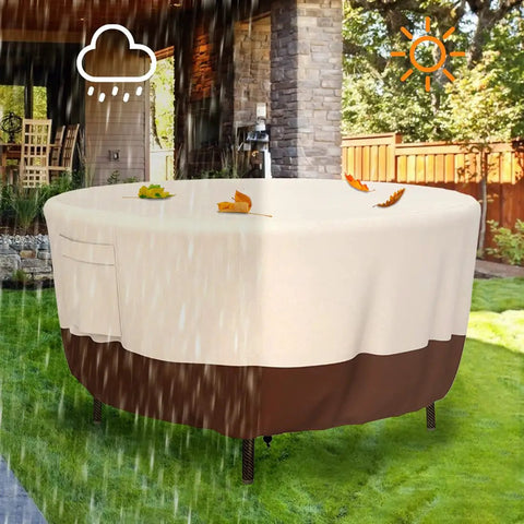 Beefy Heavy Duty Round Patio Table Cover For Outdoor Tables 48 Inch Diameter And 26 Inch Height Waterproof Weather Resistant UV Protected Fits Veranda Deck Garden Patio Dining And Coffee Tables Beige And Brown