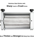Homebrewing Grain Mill With Three Rollers And 13 Lb Hopper Steel Base For Crushing Malt And Barley, close-up of rollers.