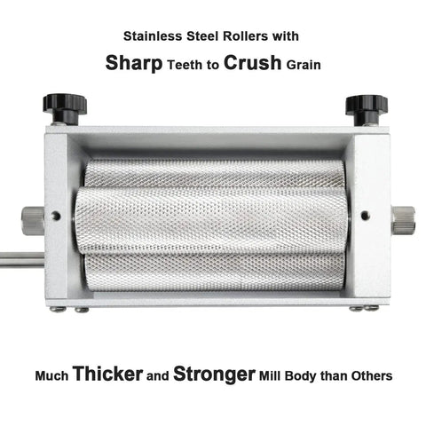 Homebrewing Grain Mill With Three Rollers And 13 Lb Hopper Steel Base For Crushing Malt And Barley, close-up of rollers.