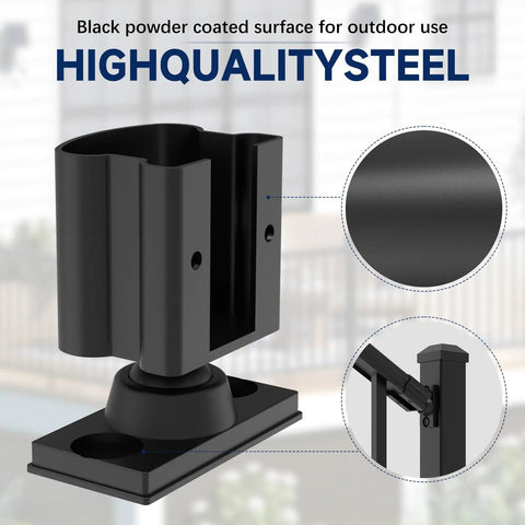 Close-up of Heavy Duty Aluminum Railing Brackets 4 Pack With Stair Foot for angled decks, black powder-coated for outdoor use.
