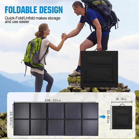 Road Ready Badass 1000 Watt Solar Panel With Hella High 25 Percent Efficiency 72V Output IP68 Waterproof Build, foldable for easy storage.