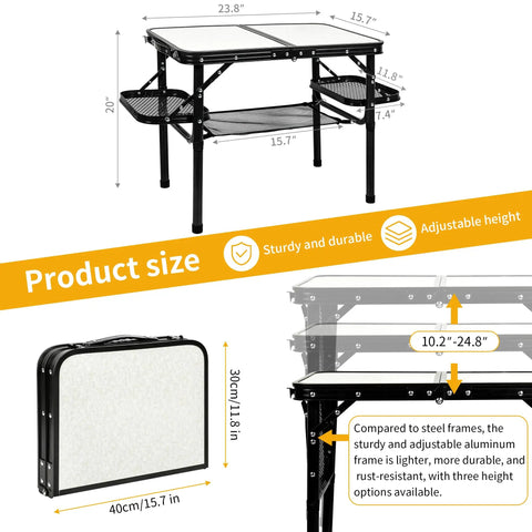 Folding Camping Table Aluminum Lightweight Outdoor Indoor Table With Carry Handle And Mesh Pocket Extra Space Three Height Adjustable 10.24 Inch 20.24 Inch And 24.80 Inch For Picnics Tailgate BBQ Grub And More, shown with measurements and folded view.