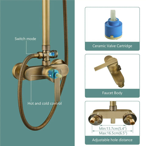 Matte Black Exposed Pipe Shower Kit With 8 Inch Rainfall Shower Head And One Handle Faucet details like ceramic valve cartridge