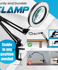 10X Magnifying Glass With LED Light, Adjustable Stand And Clamp Desk Lamp shown with strong clamp and flexible arm on desk