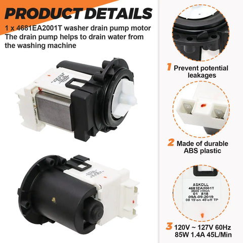 Washer Drain Pump Motor Replacement OEM 4681EA2001T For Front Load Washers, Easy Install, 120V 60Hz 85W, 45L/Min
