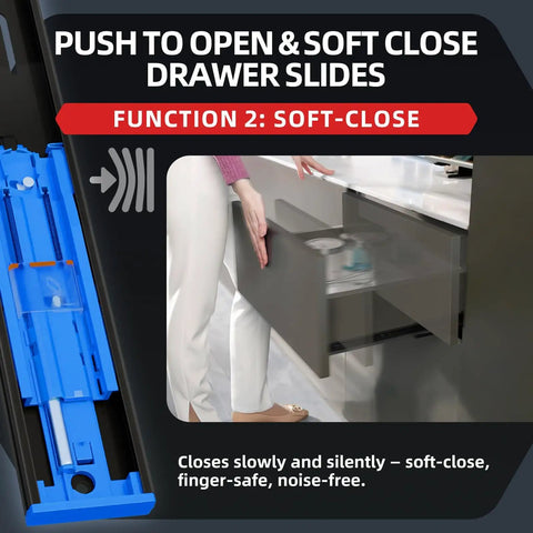 Push To Open Soft Close Drawer Slides 14 Inch 100 Lb Load Capacity Side Mount Ball Bearing Rails demonstrated with open drawer