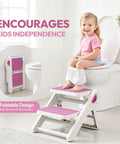 Top Shelf Folding Toddler Step Stool Built Solid For Your Little Munchkins Features Killer Non Slip Grip Easy Tuck Away Design Takes Up Zero Counter Space Supports 110 Lbs Super Safe BPA Free Pink with child using toilet.
