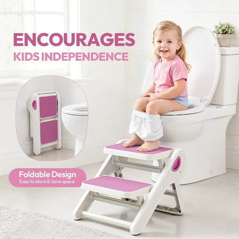 Top Shelf Folding Toddler Step Stool Built Solid For Your Little Munchkins Features Killer Non Slip Grip Easy Tuck Away Design Takes Up Zero Counter Space Supports 110 Lbs Super Safe BPA Free Pink with child using toilet.