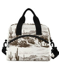 Desert Cowboy Insulated Cooler Bag 10L Leakproof Lunch Box with cowboy print, 300D Oxford fabric, black straps, front view.