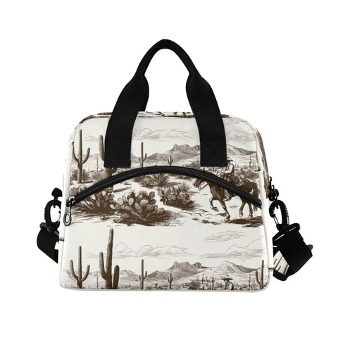 Desert Cowboy Insulated Cooler Bag 10L Leakproof Lunch Box with cowboy print, 300D Oxford fabric, black straps, front view.